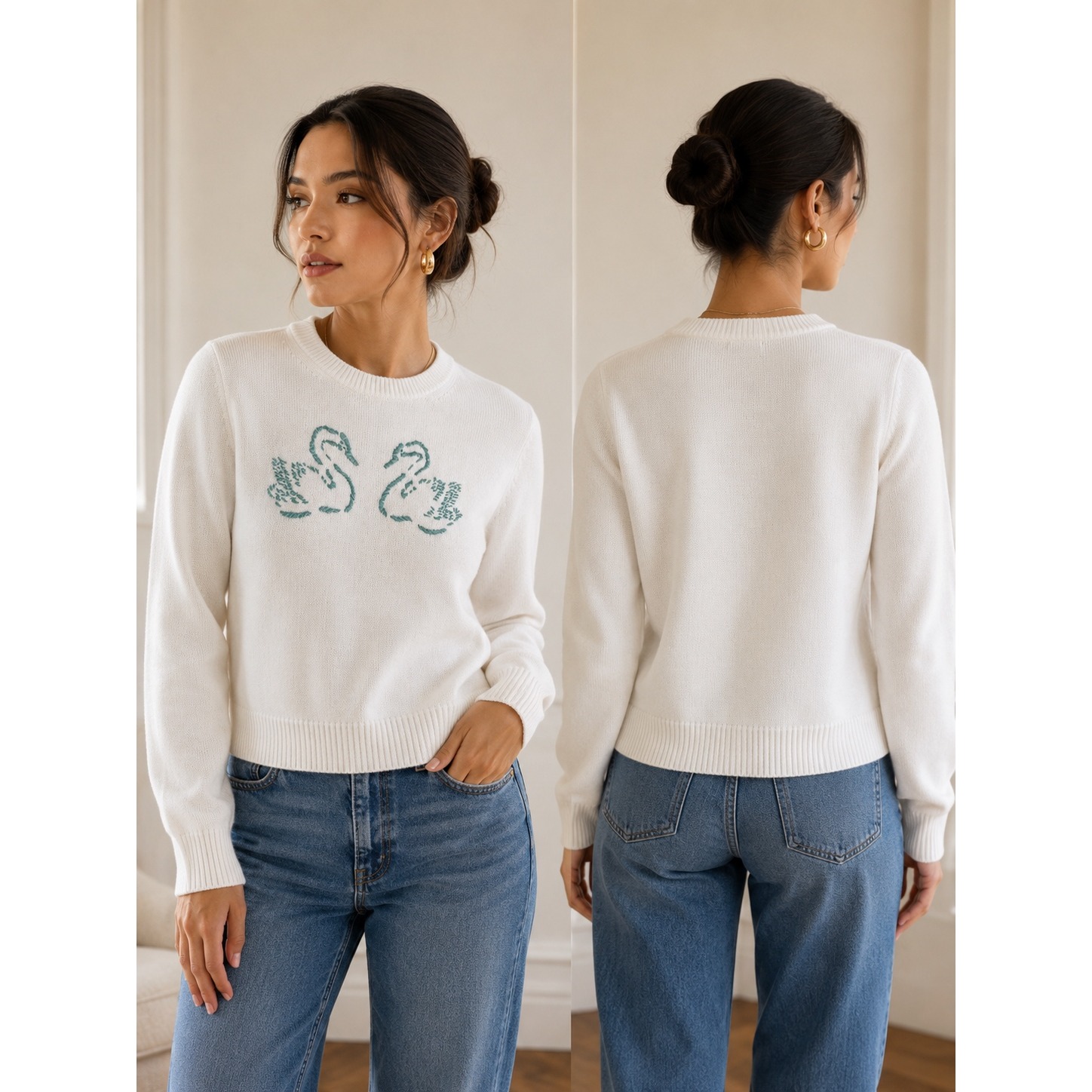 White & Warren Sweater Women's Size M White With Swan Intarsia Cashmere Blend
